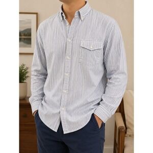 Lands' End Men's XXL Blue White Striped Button Front Shirt 18-18½ 100% Cotton